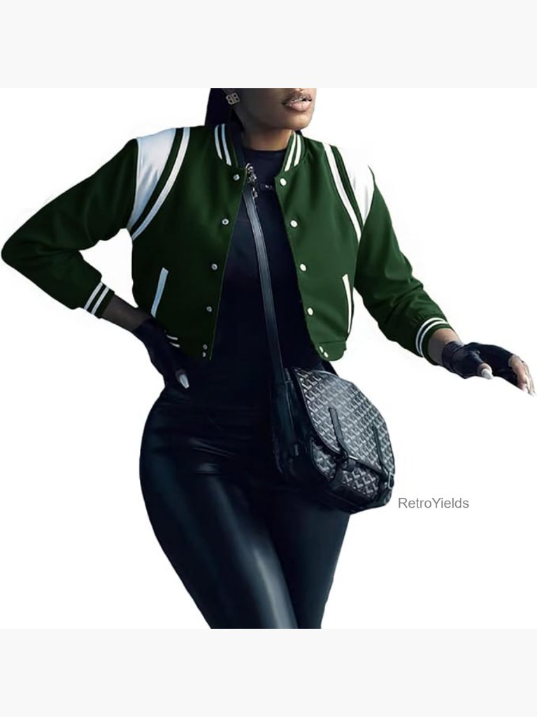 Cropped Bomber Jacket Long Sleeve Button Down Baseball Varsity Fall